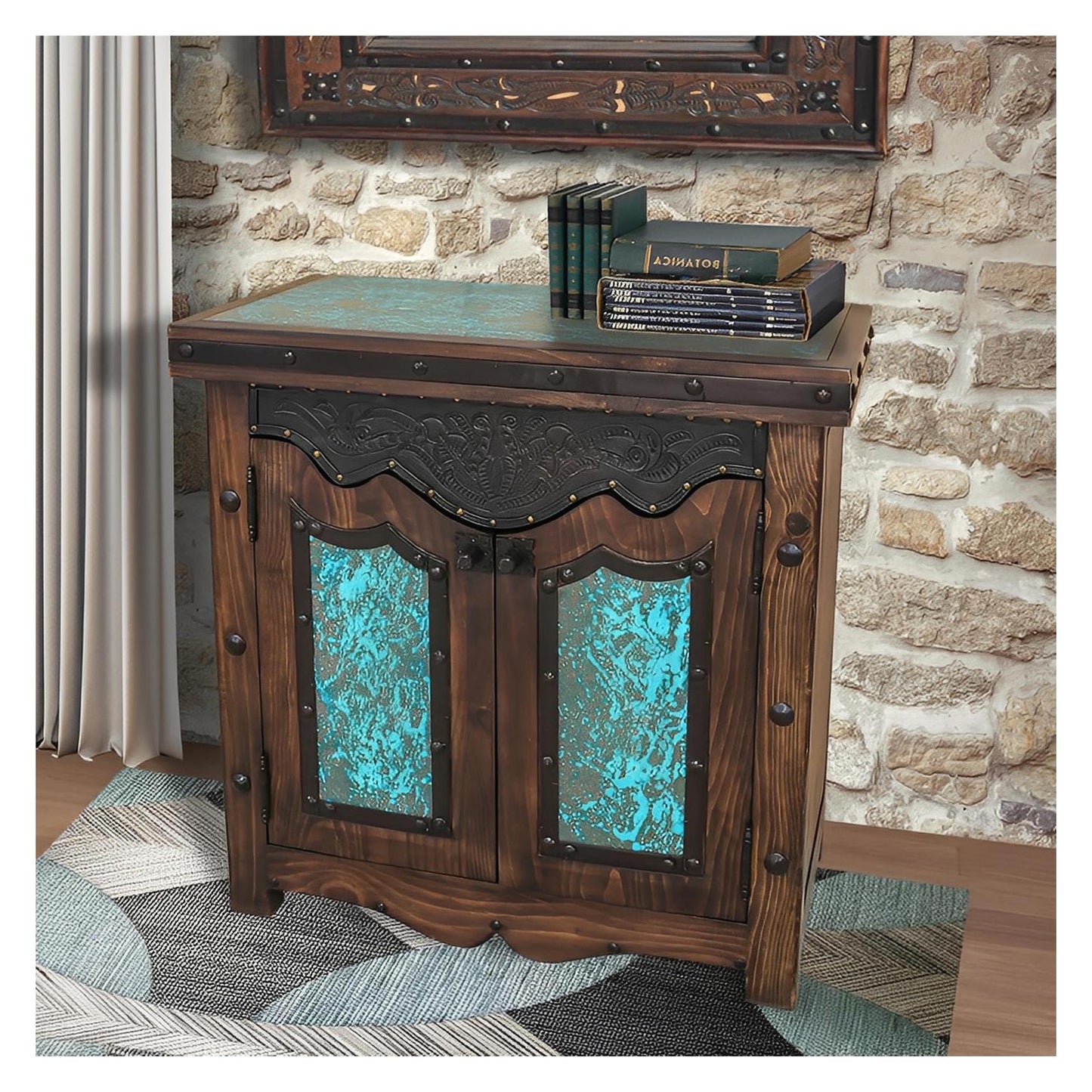 Sky Horse Canyon Console Cabinet With Tooled Leather And Turquoise Copper