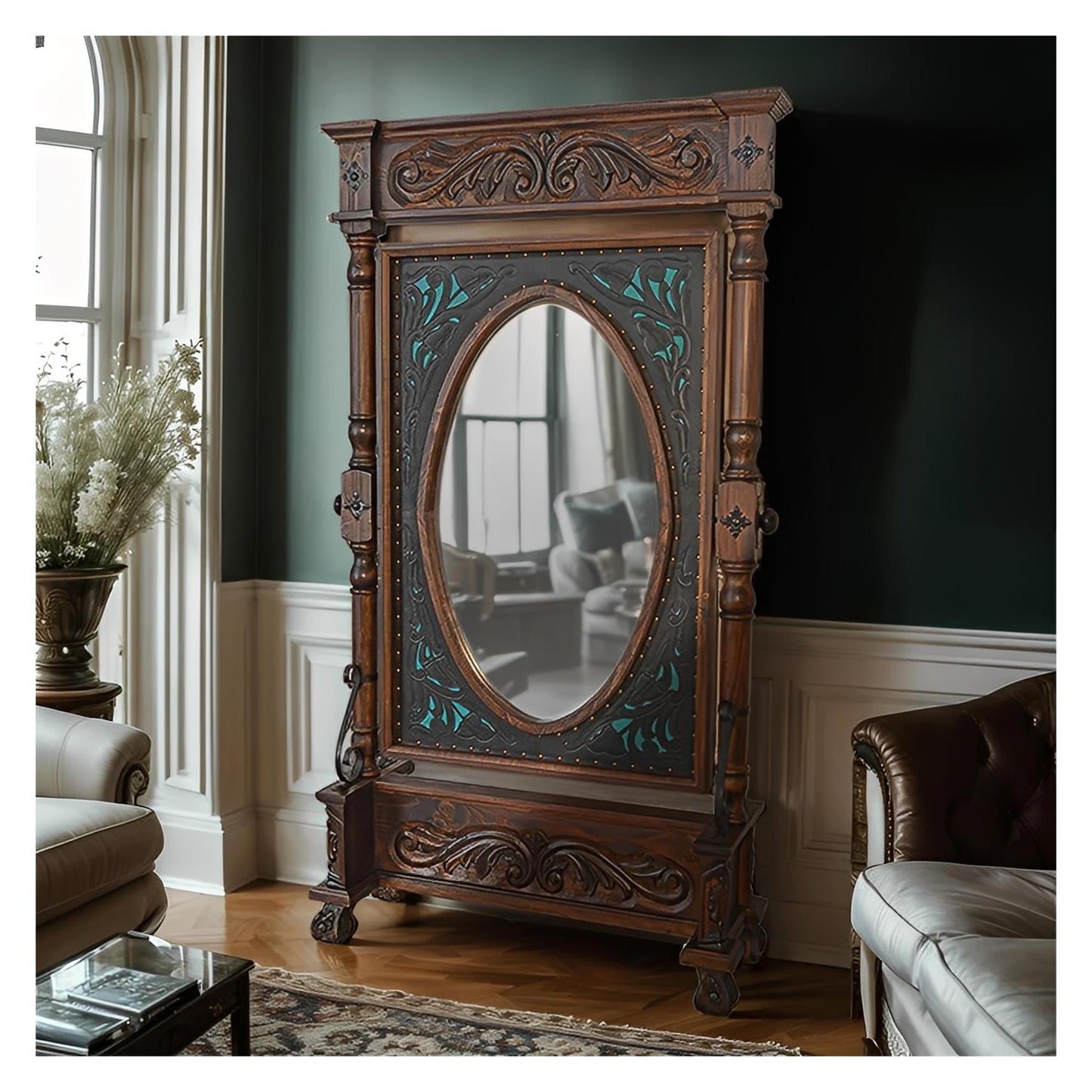 Capote Peak Leather Free Standing Mirror, Turquoise, Adjustable