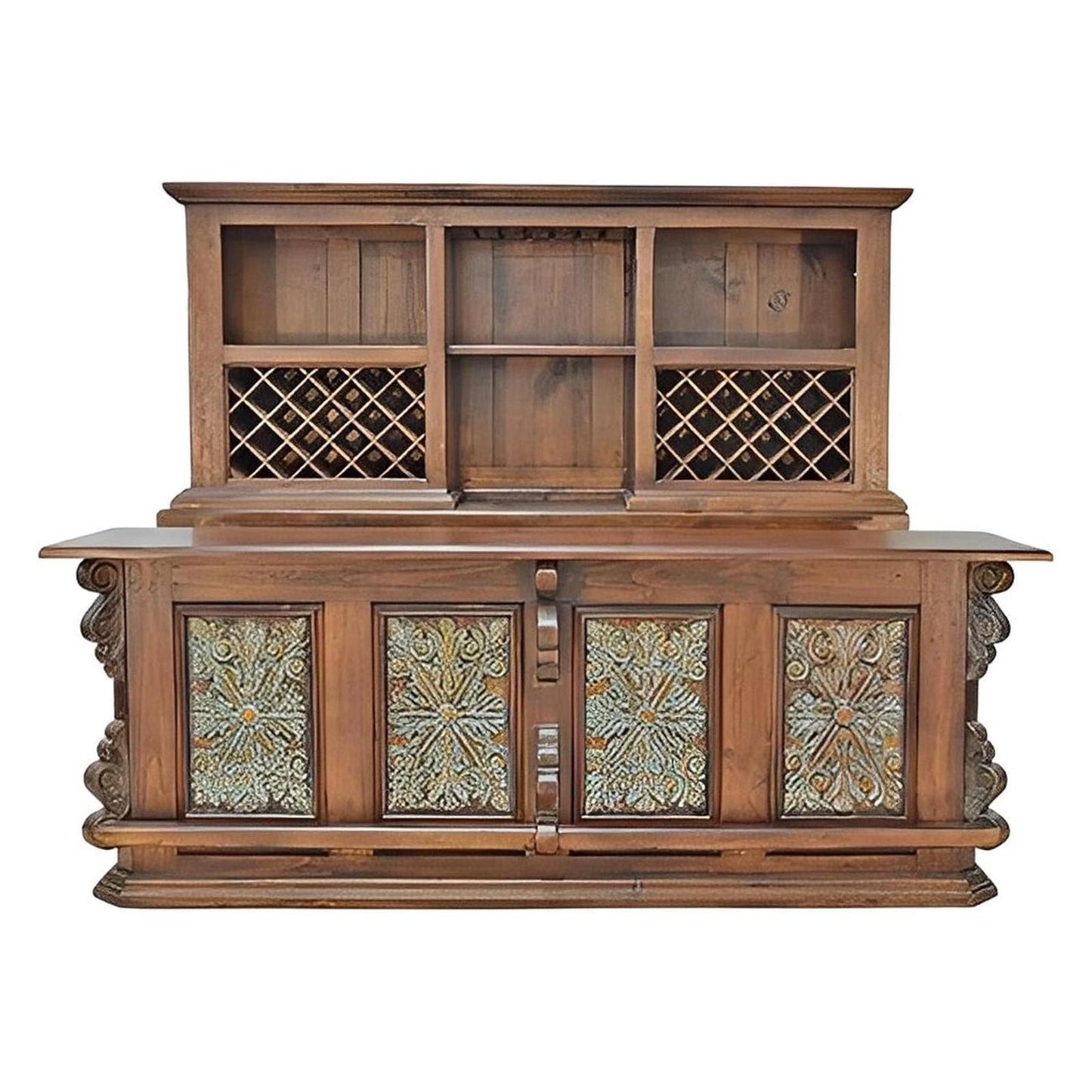 Castillo Hacienda 2-Piece Bar & Hutch Set | Turquoise Carved Panels