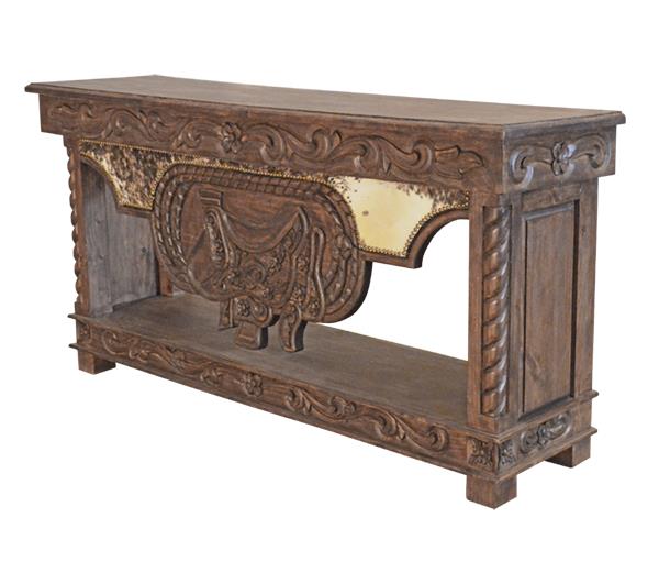 Wild Spring Lift Top Console with Carved Saddle and Cowhide
