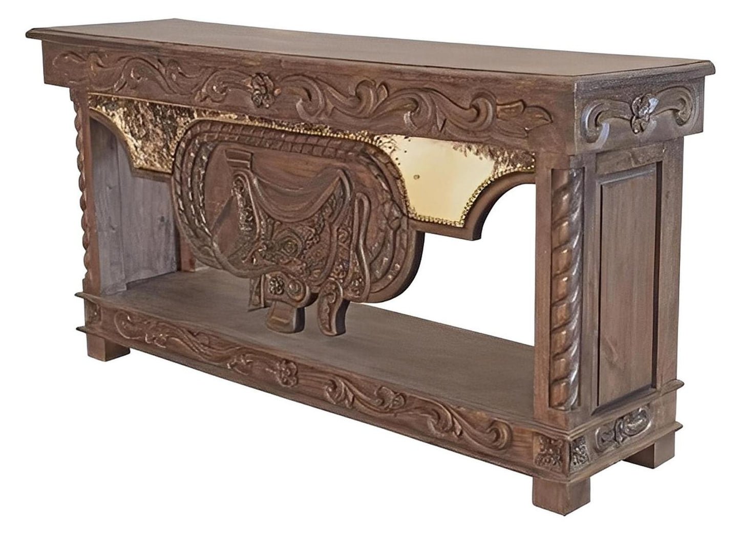 Wild Spring Lift Top Console with Carved Saddle and Scrollwork, Cowhide