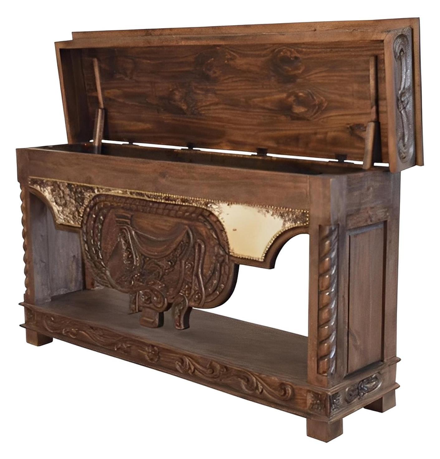 Wild Spring Lift Top Console with Carved Saddle and Scrollwork, Cowhide