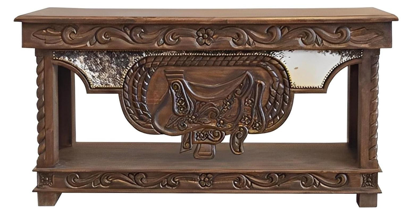 Wild Spring Lift Top Console with Carved Saddle and Scrollwork, Cowhide