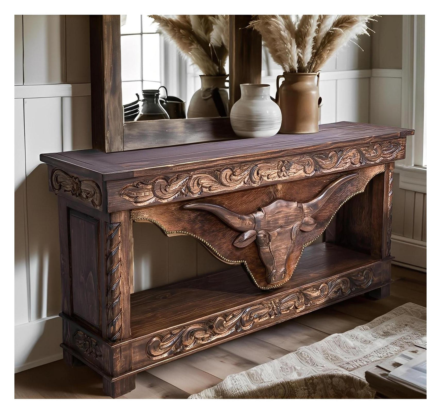 Wild Peak Lift Top Longhorn Console, Hand-Carved, Cowhide