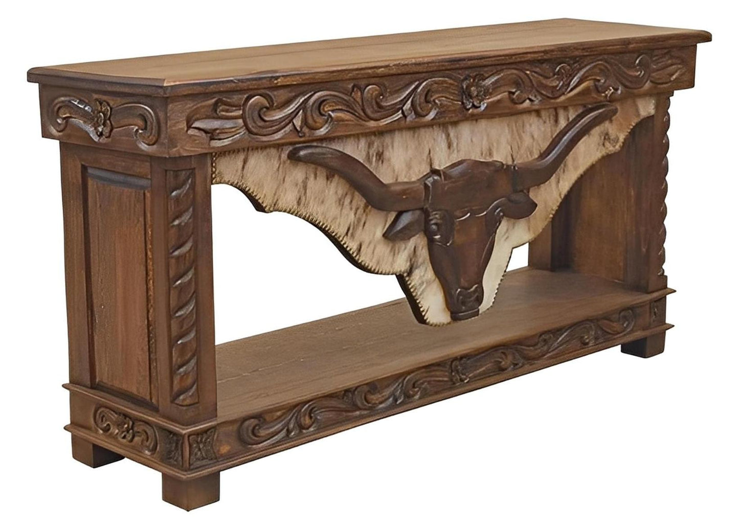Wild Peak Lift Top Longhorn Console, Hand-Carved, Cowhide