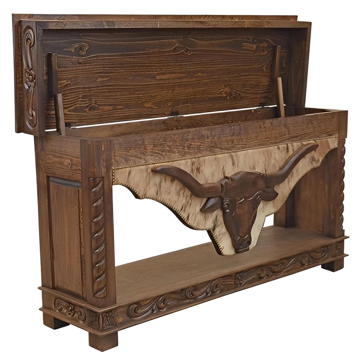 Wild Peak Lift Top Longhorn Console, Hand-Carved, Cowhide