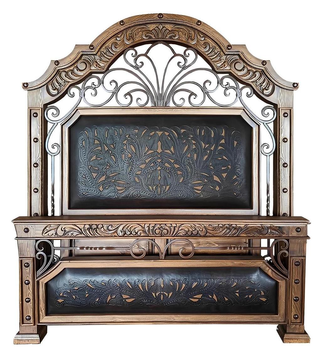 Canyon Charm Rustic Walnut Wood Bedroom Set, Hand-carved, Iron, Leather - Includes Full Service Delivery