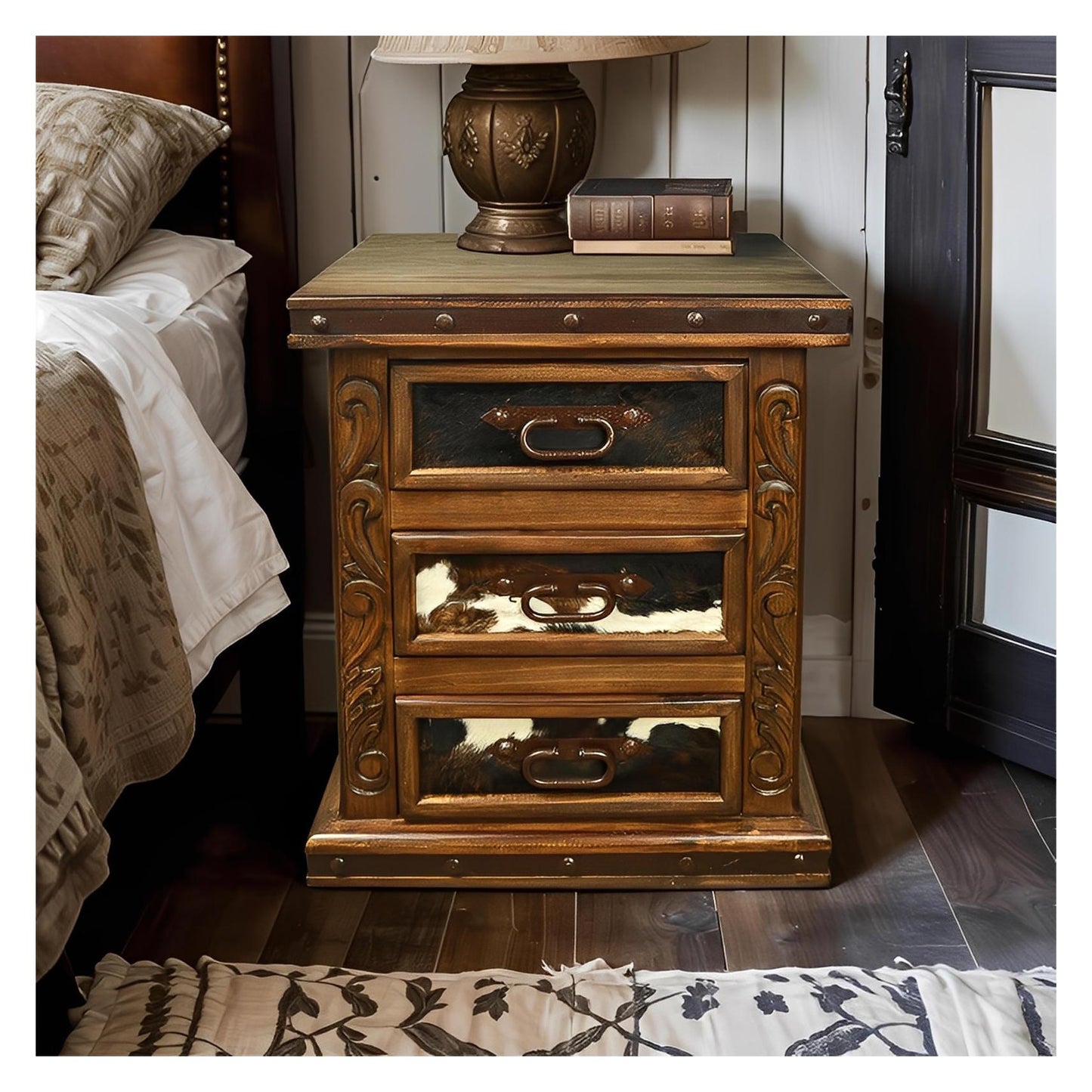 Green Hill Nightstand With Cowhide