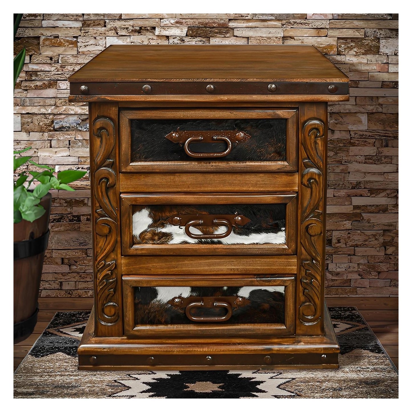 Green Hill Nightstand With Cowhide