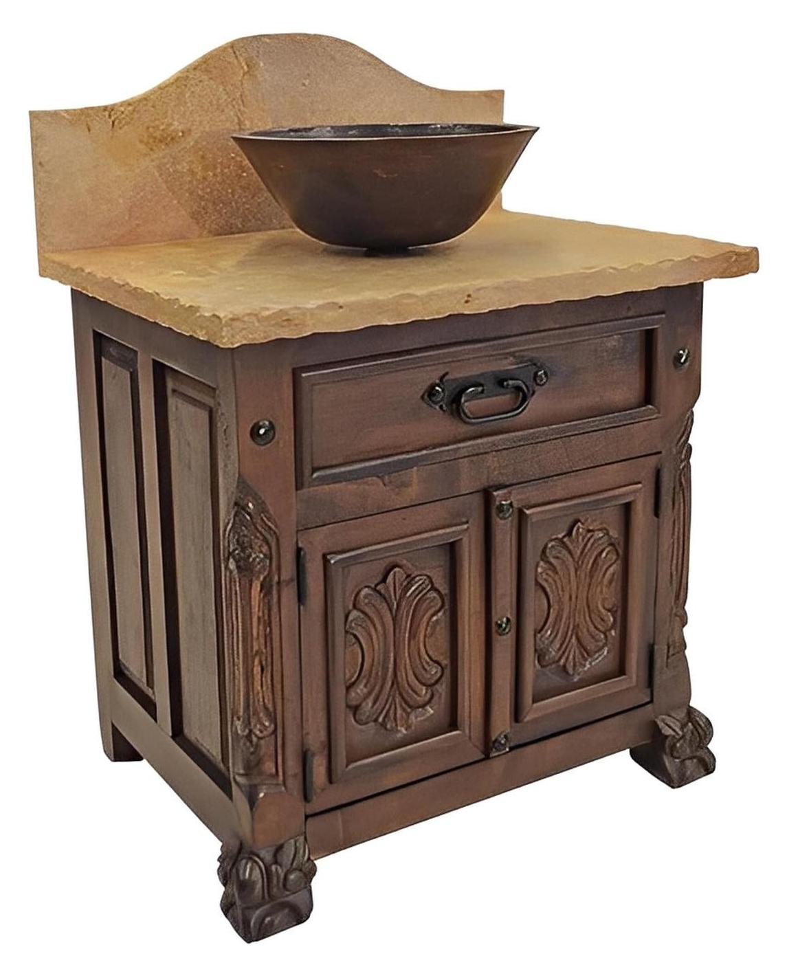 Rocky Hill Stone Top, Hand-Carved Chilean Pine Vanity With Vessel Sink