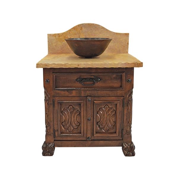 Rocky Hill Stone Top, Hand-Carved Chilean Pine Vanity With Vessel Sink