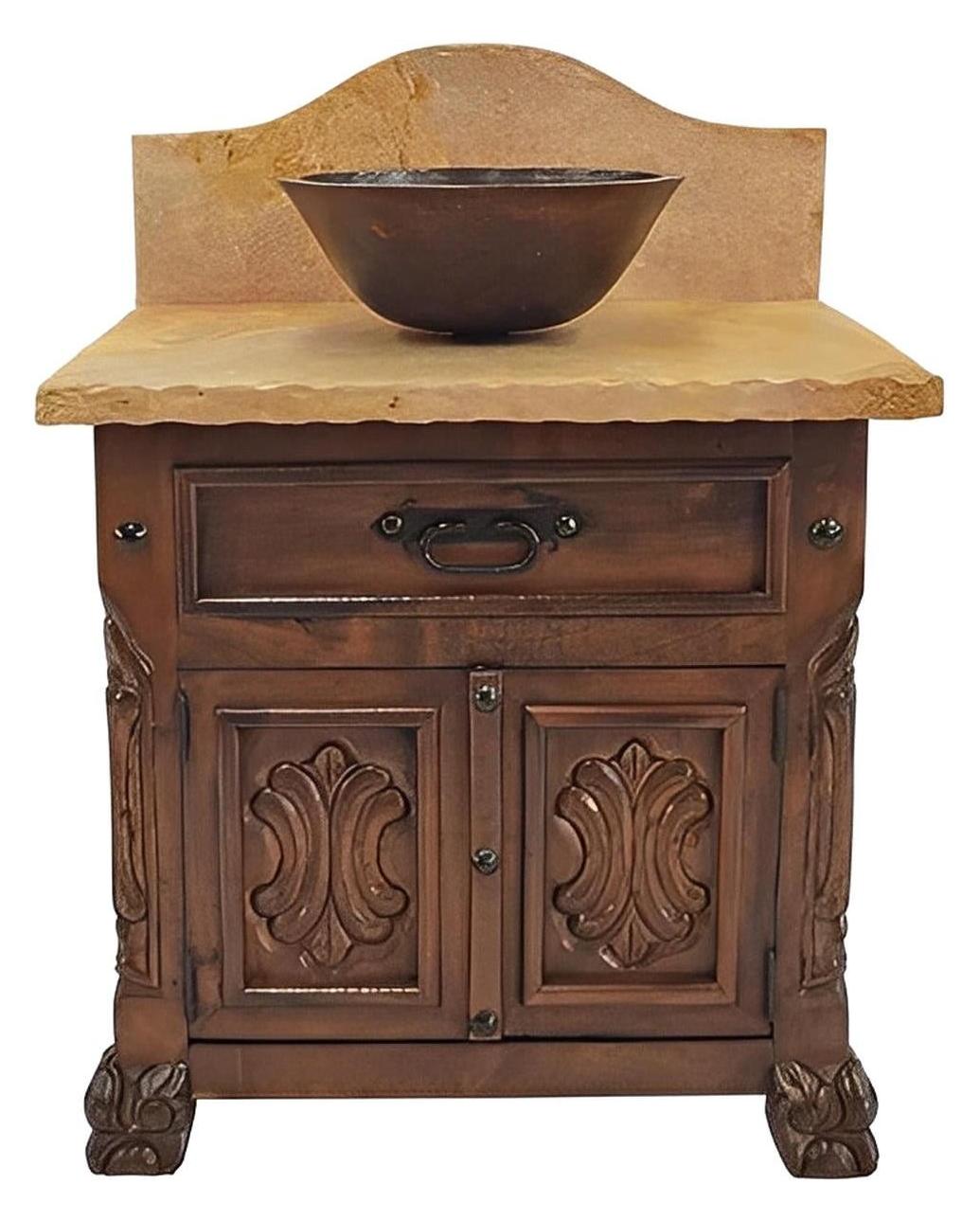 Rocky Hill Stone Top, Hand-Carved Chilean Pine Vanity With Vessel Sink