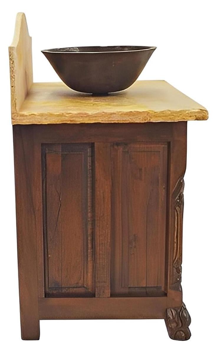 Rocky Hill Stone Top, Hand-Carved Chilean Pine Vanity With Vessel Sink