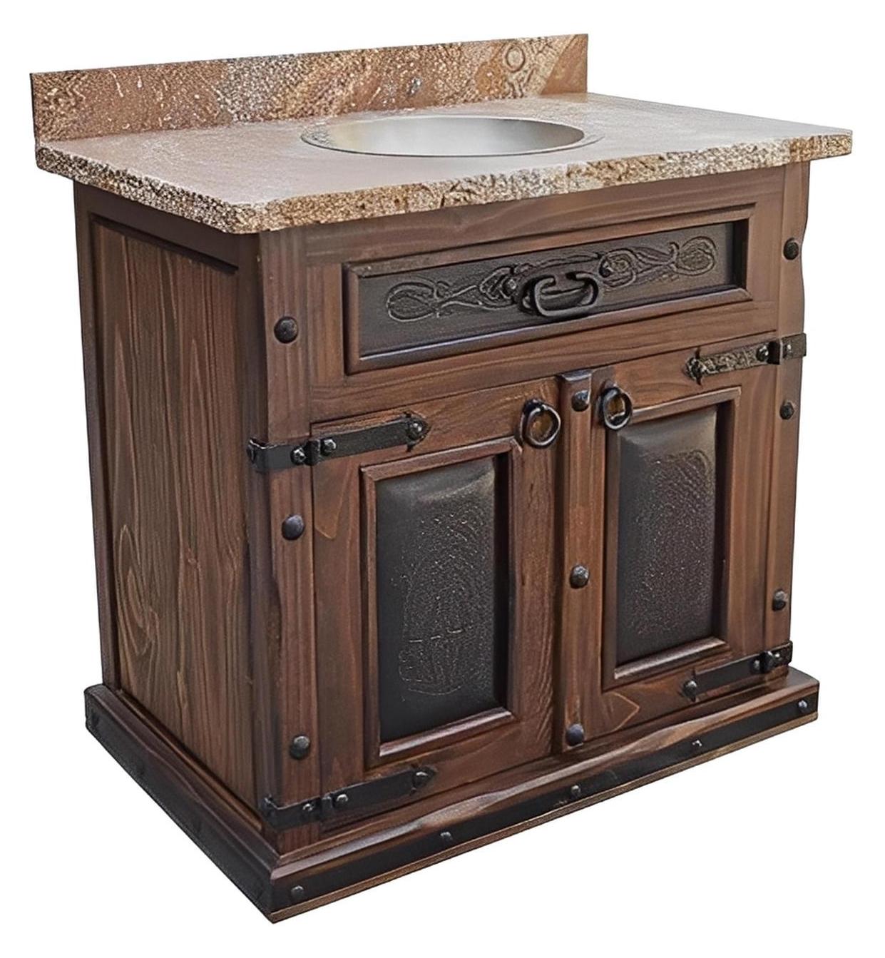 Red Bluff Stone Top Hand-Carved Vanity With Sink, Leather Panels