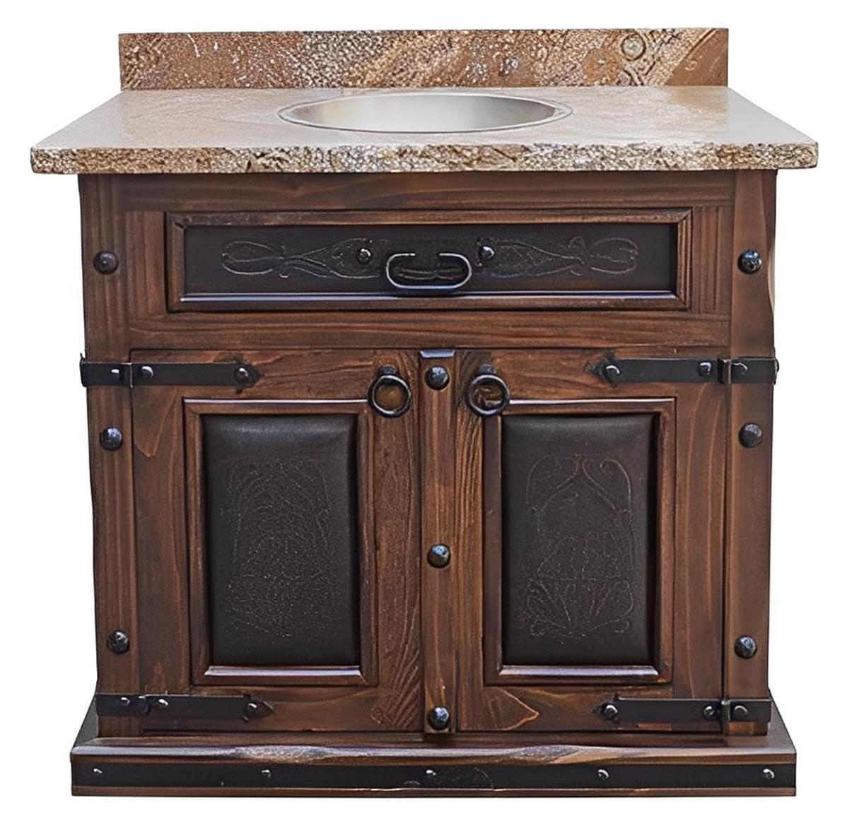 Red Bluff Stone Top Hand-Carved Vanity With Sink, Leather Panels