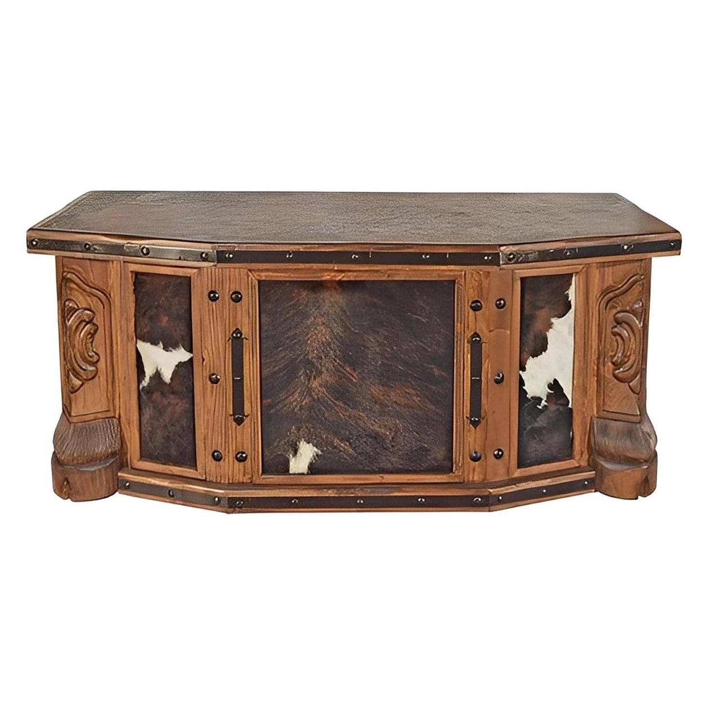 Brazos Executive Desk | Solid Wood with Cowhide Panels & Iron Trim