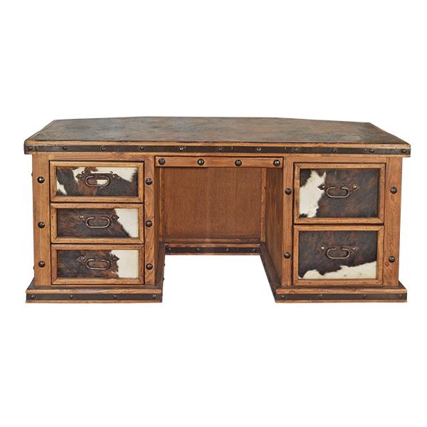 Brazos Executive Desk | Solid Wood with Cowhide Panels & Iron Trim