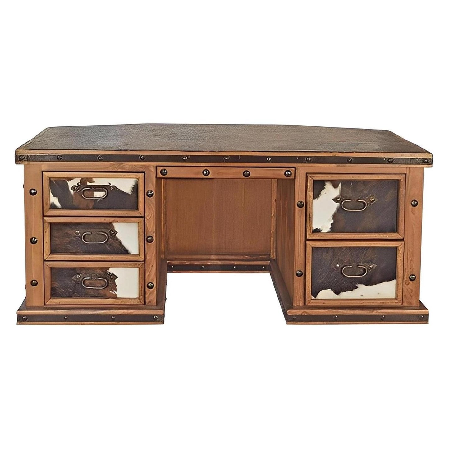 Brazos Executive Desk | Solid Wood with Cowhide Panels & Iron Trim