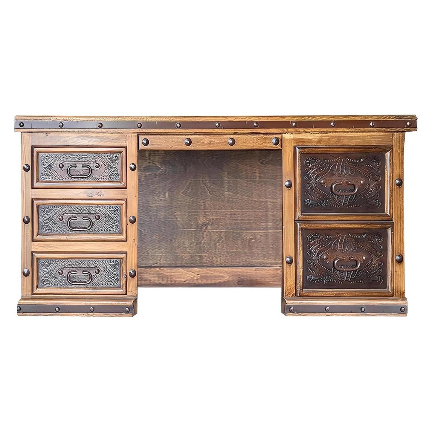 Grande Ridge Executive Desk | Solid Wood, Stone Slab Top, Tooled Leather Panels