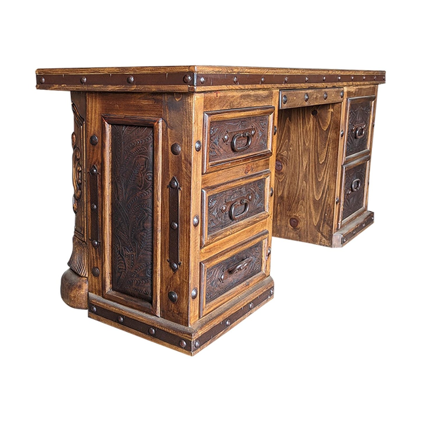 Grande Ridge Executive Desk | Solid Wood, Stone Slab Top, Tooled Leather Panels