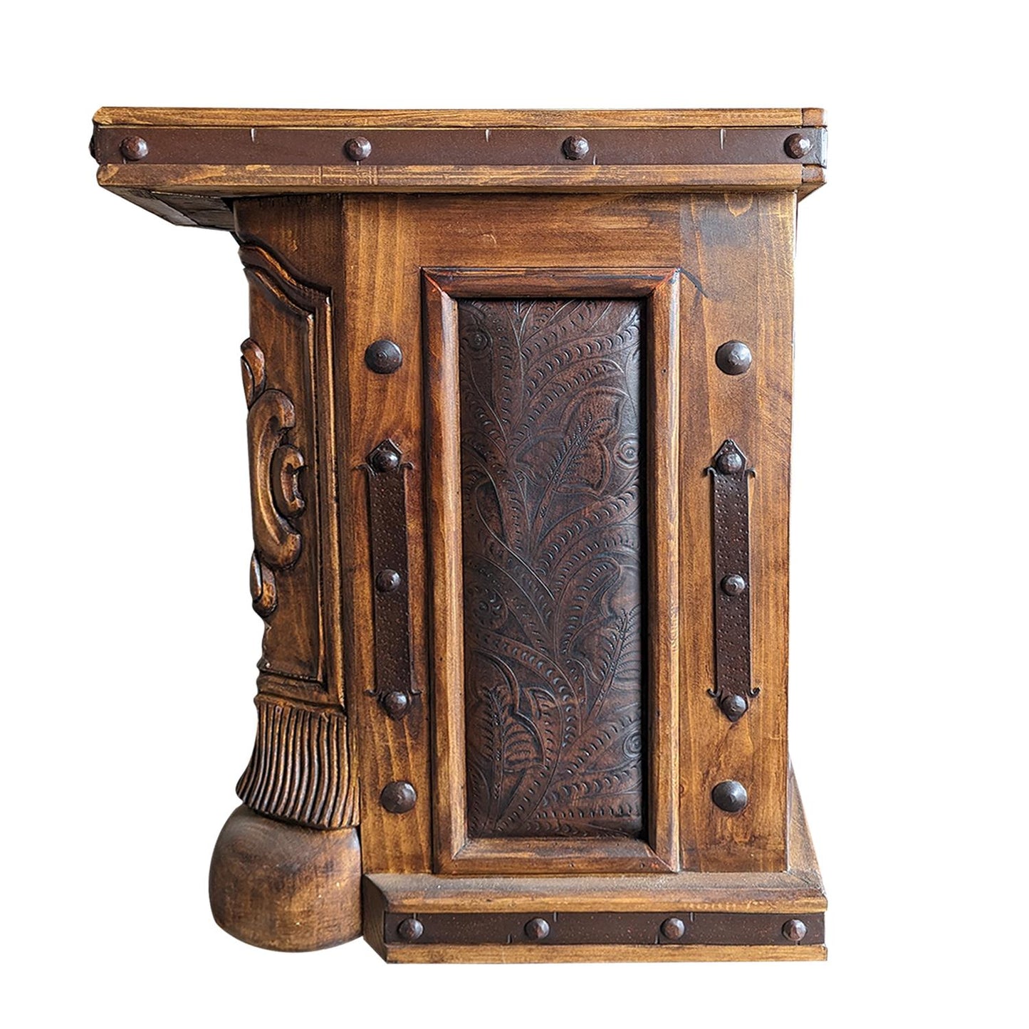 Grande Ridge Executive Desk | Solid Wood, Stone Slab Top, Tooled Leather Panels