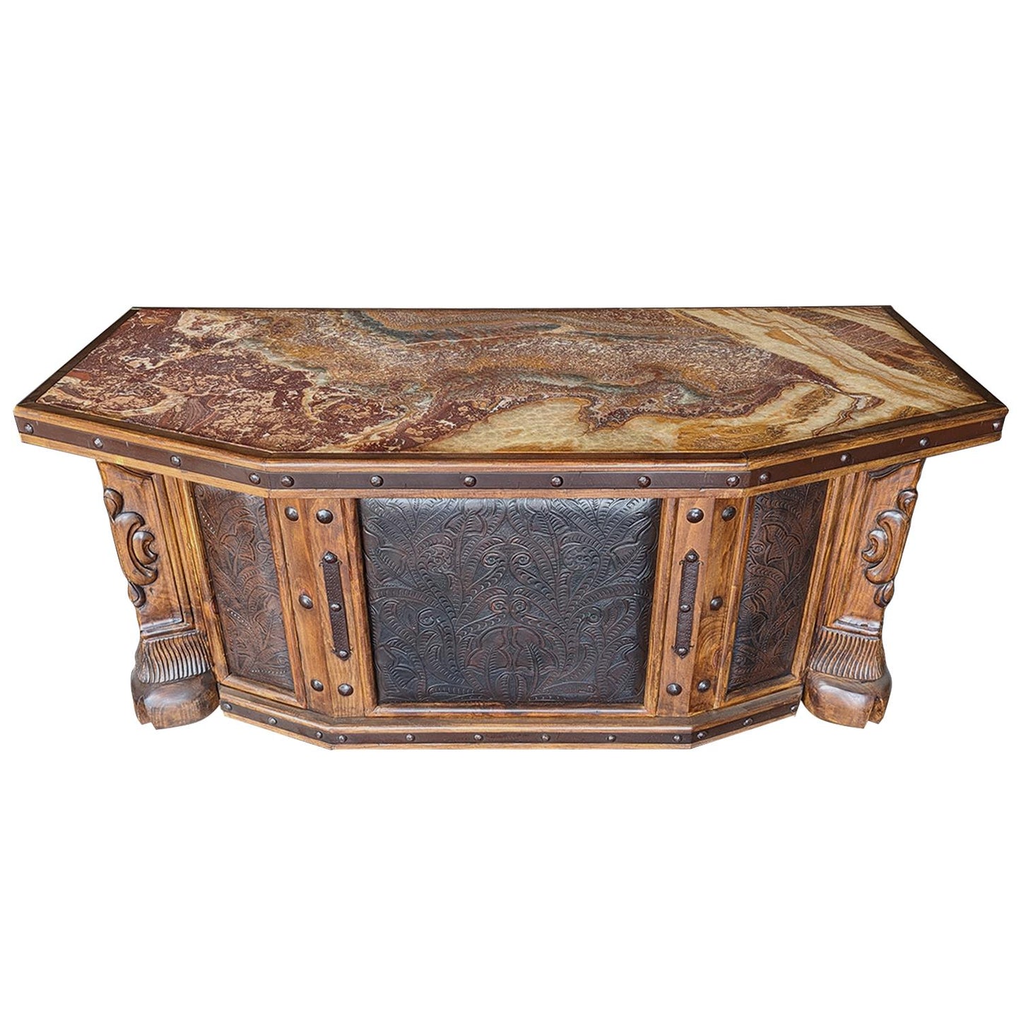 Grande Ridge Executive Desk | Solid Wood, Stone Slab Top, Tooled Leather Panels