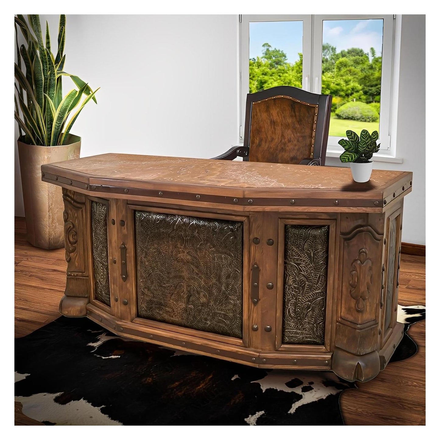 Grande Ridge Executive Desk | Solid Wood, Stone Slab Top, Tooled Leather Panels