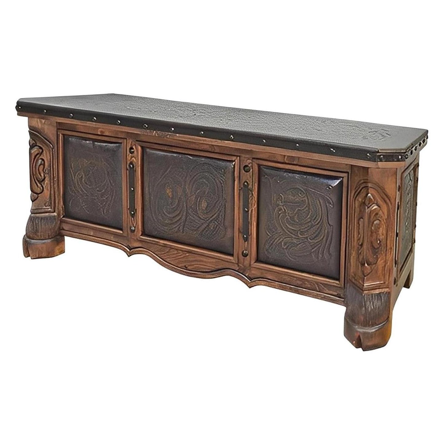 Whisper Ridge Executive Desk | Hand-Carved Solid Wood, Tooled Leather Top and Panels
