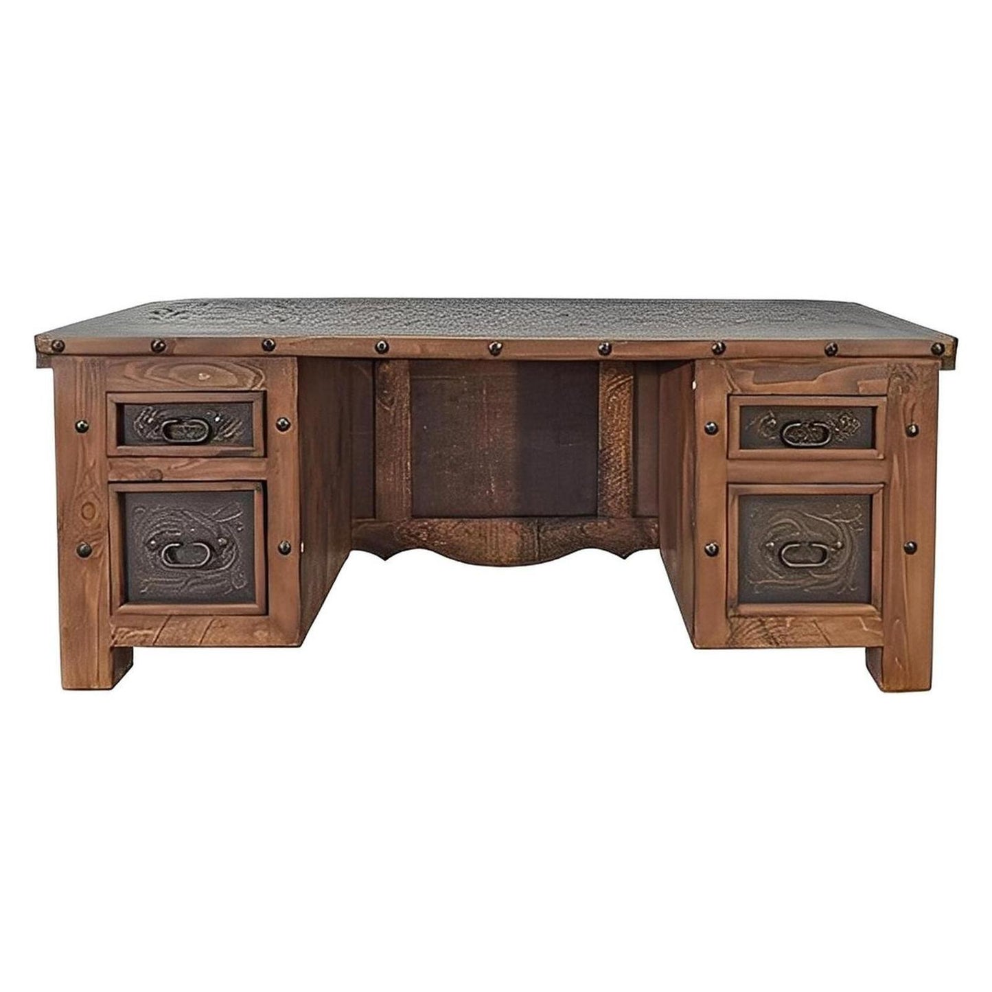 Whisper Ridge Executive Desk | Hand-Carved Solid Wood, Tooled Leather Top and Panels