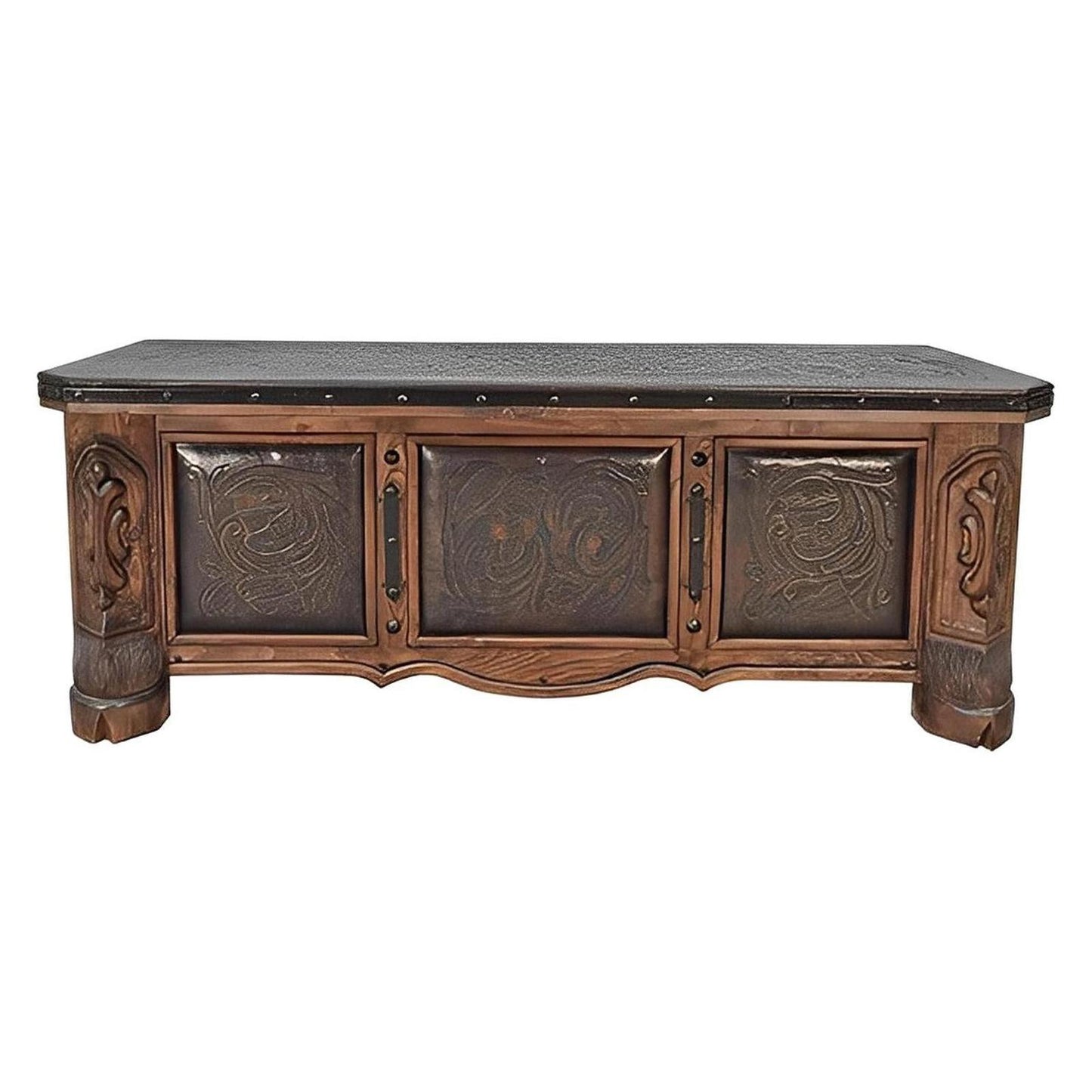 Whisper Ridge Executive Desk | Hand-Carved Solid Wood, Tooled Leather Top and Panels