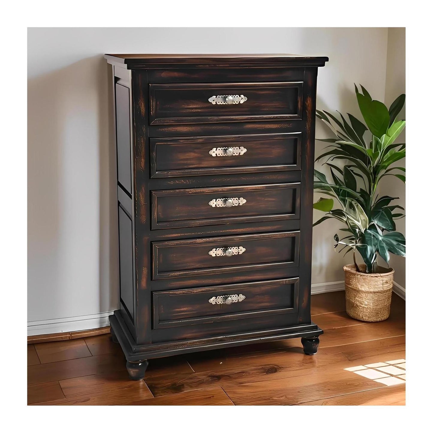 Night Moon Distressed Black Hand-Carved Wood Bedroom Set - 4-Piece - Includes Full Service Delivery