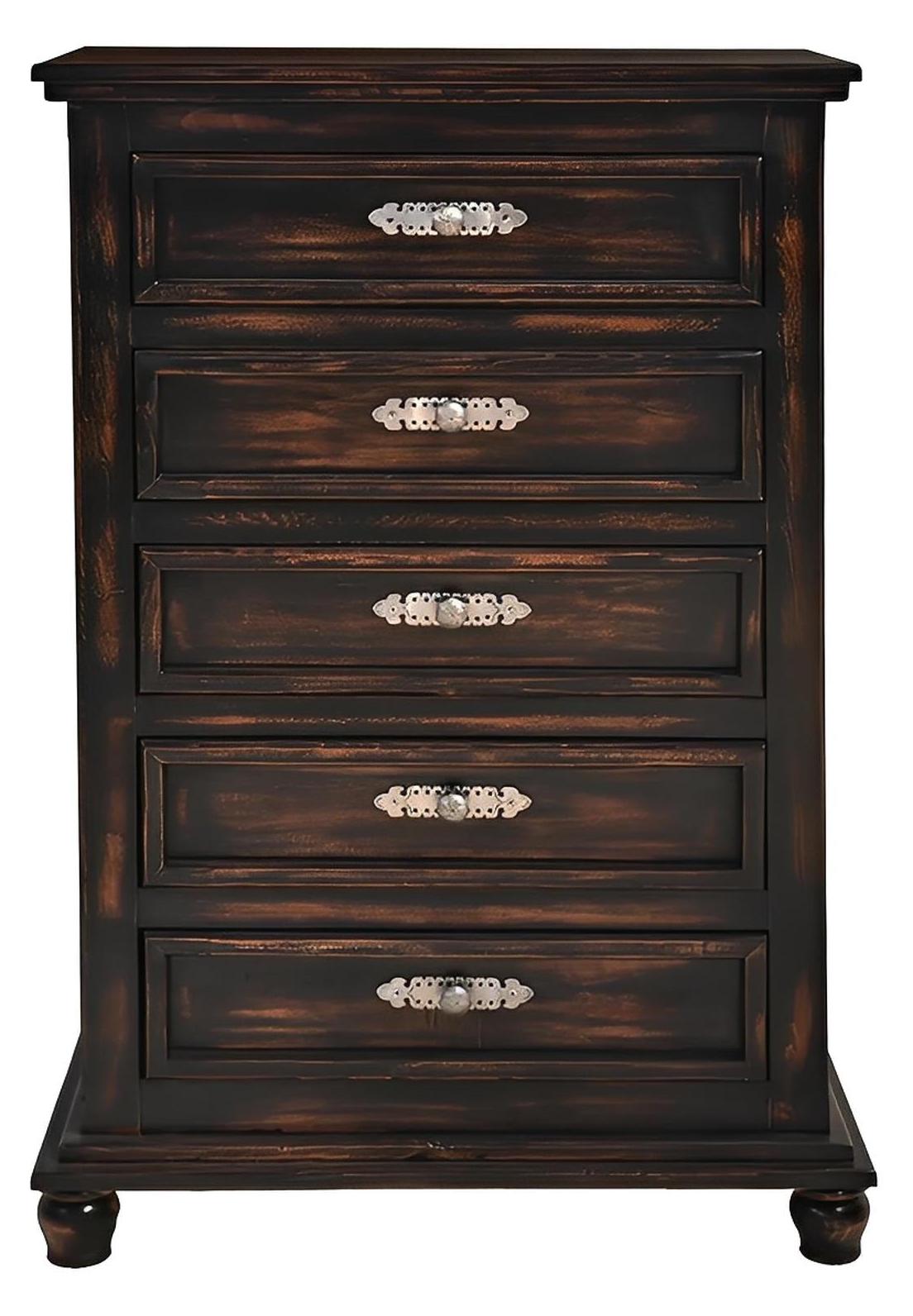 Night Moon Chest of Drawers, Distressed Black Hand-Carved Wood