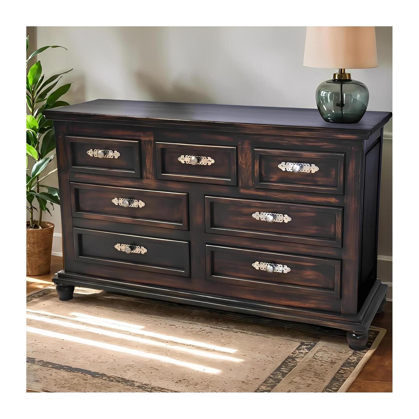 Night Moon Distressed Black Hand-Carved Wood Bedroom Set - 4-Piece - Includes Full Service Delivery