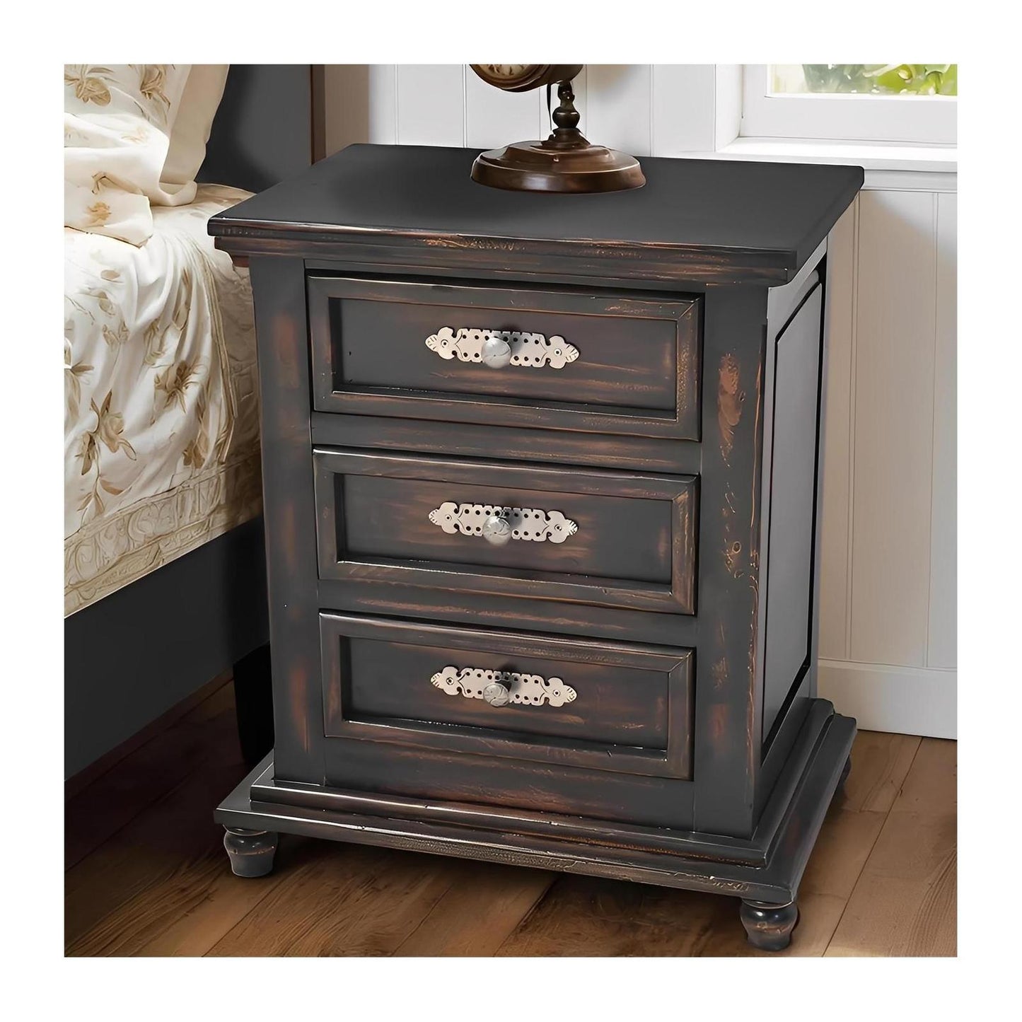 Night Moon Distressed Black Hand-Carved Wood Bedroom Set - 4-Piece - Includes Full Service Delivery