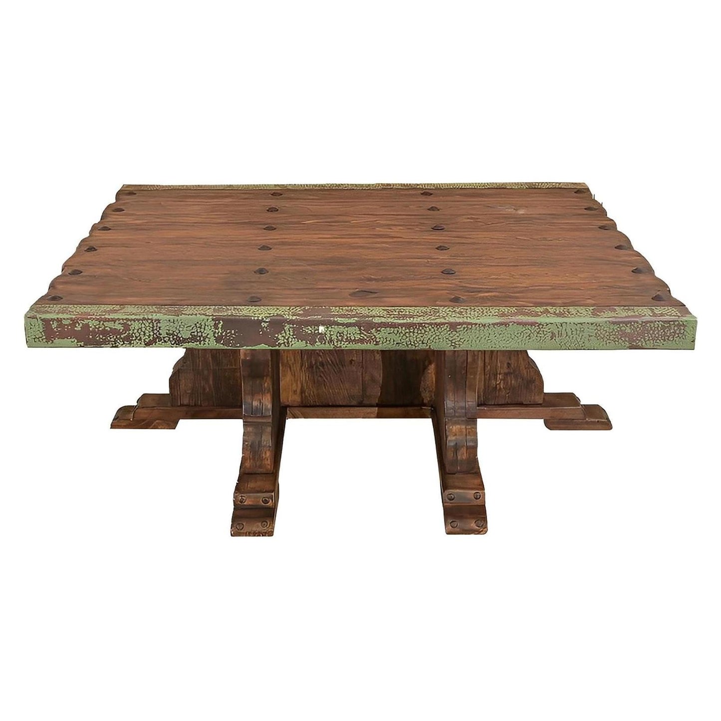 Luna Verde Distressed Coffee Table with Green Copper Edges | 21 x 44 x 55