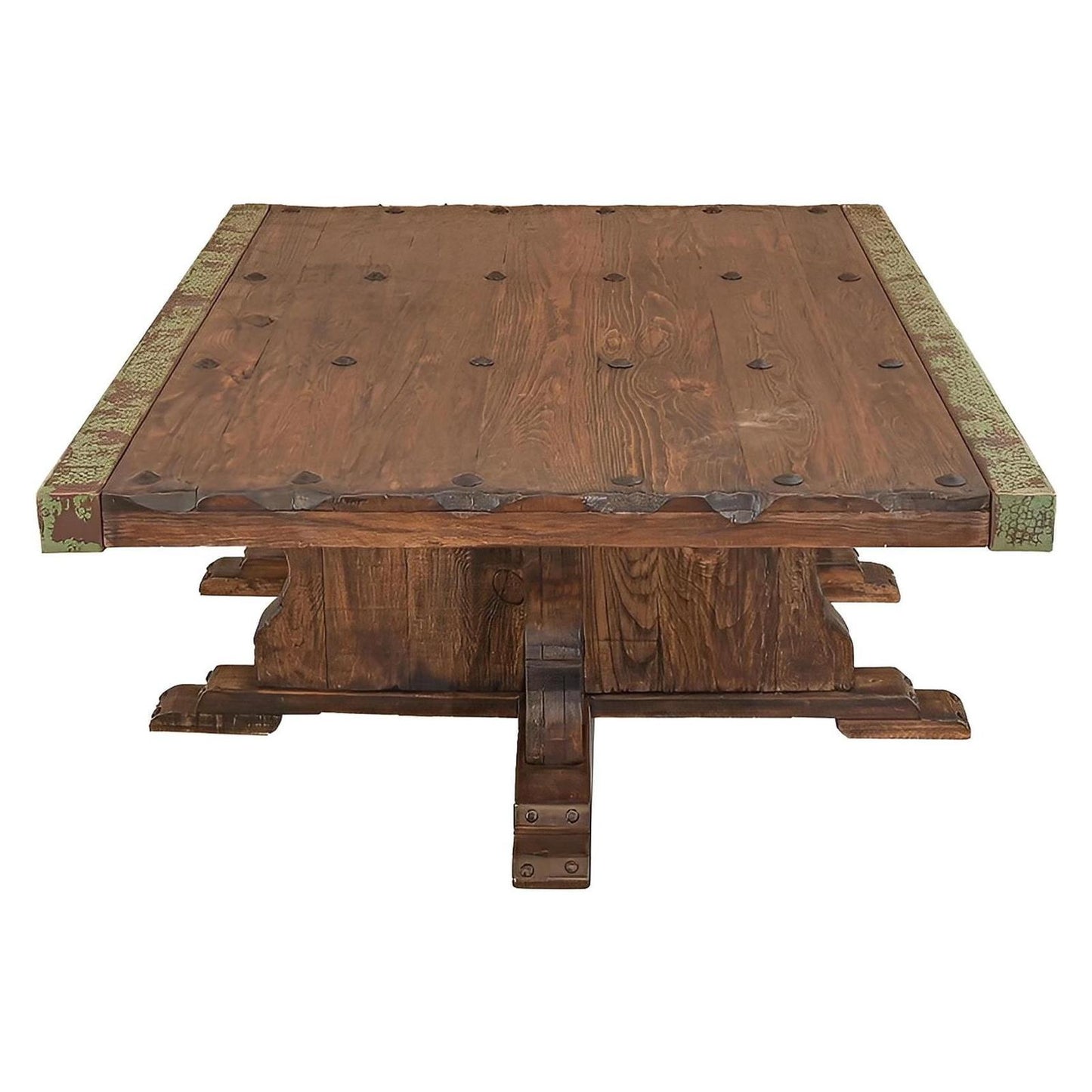 Luna Verde Distressed Coffee Table with Green Copper Edges | 21 x 44 x 55