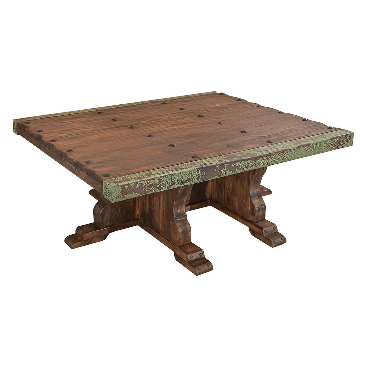 Luna Verde Distressed Coffee Table with Green Copper Edges | 21 x 44 x 55
