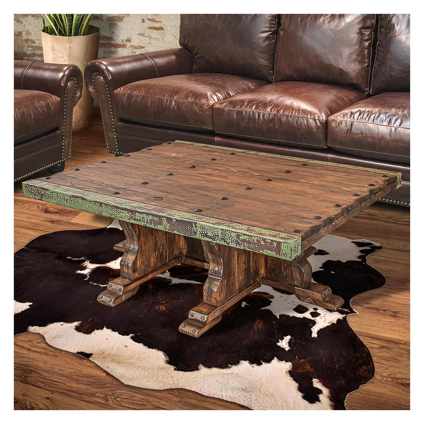 Luna Verde Distressed Coffee Table with Green Copper Edges | 21 x 44 x 55