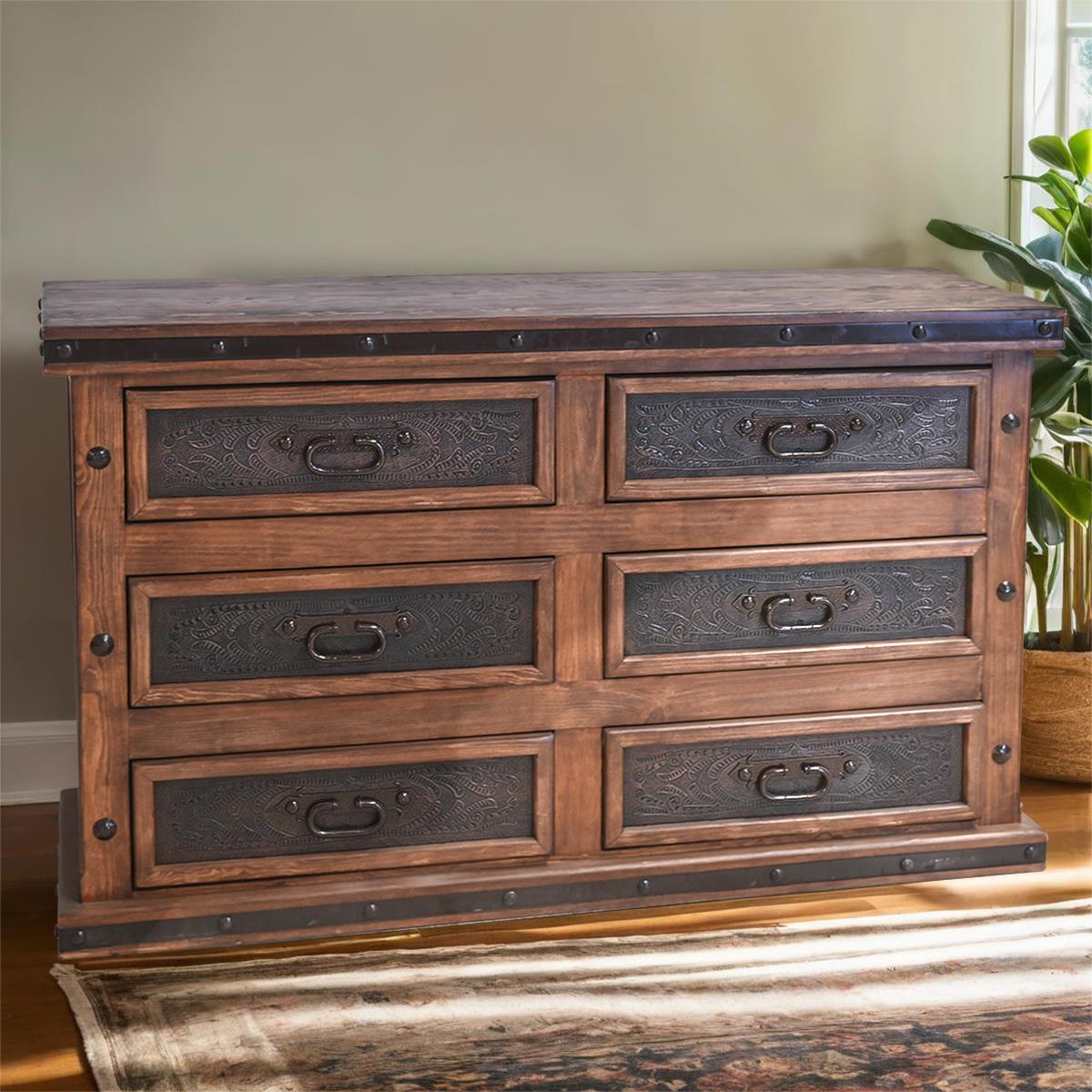 Canyon Charm Rustic Walnut Wood Bedroom Set, Hand-carved, Iron, Leather - Includes Full Service Delivery