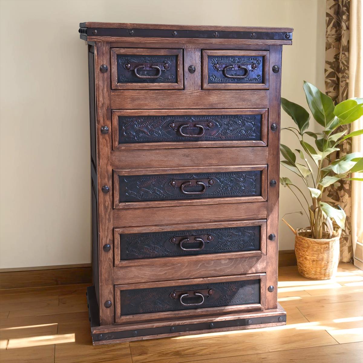 Canyon Charm Rustic Walnut Wood Bedroom Set, Hand-carved, Iron, Leather - Includes Full Service Delivery