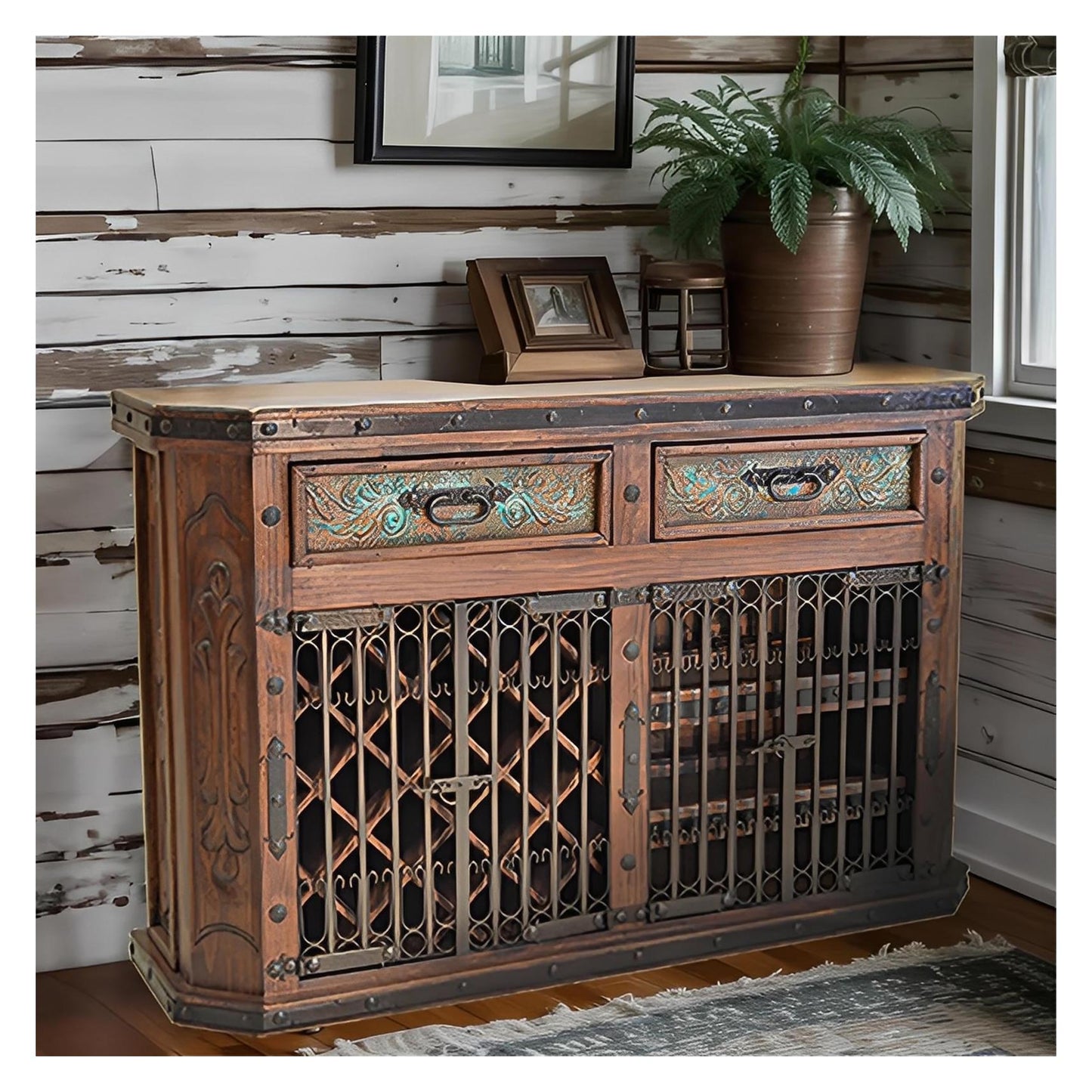 Thunder Ridge Wine Cabinet & Rack With Embossed Copper Drawers