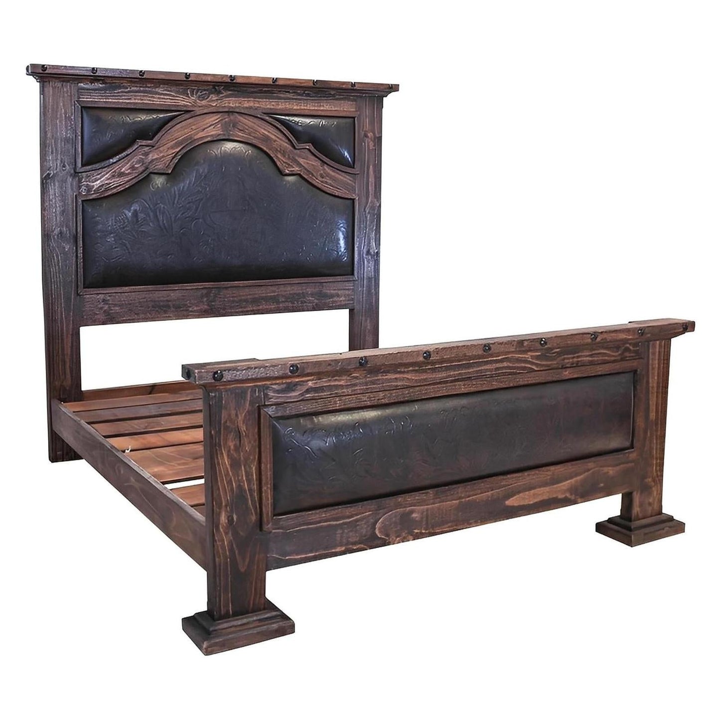 Prairie Canyon Rustic Hand-Carved Wooden Bed with Leather Panels - Optional Add-Ons - Includes Full Service Delivery