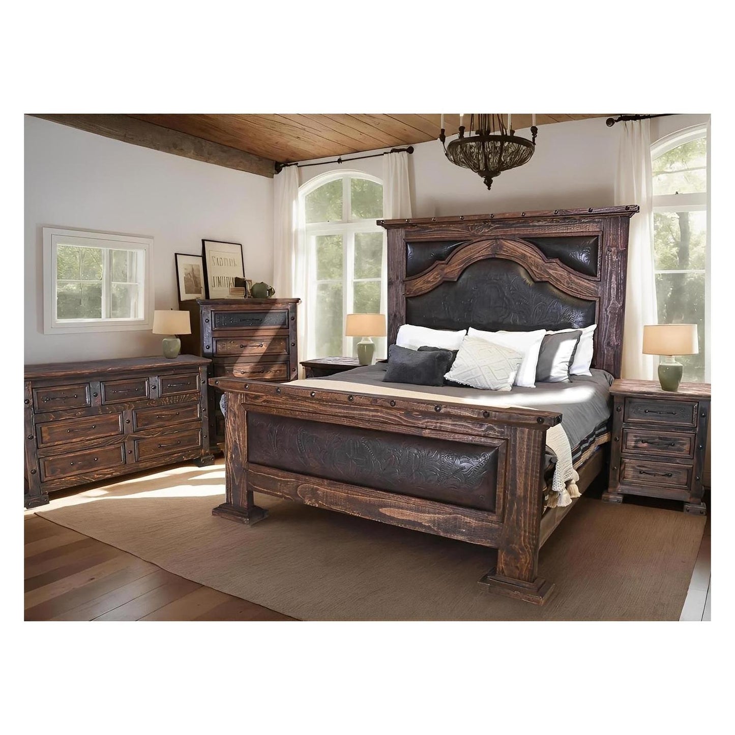 Prairie Canyon Rustic Hand-Carved Wooden Bed with Leather Panels - Optional Add-Ons - Includes Full Service Delivery