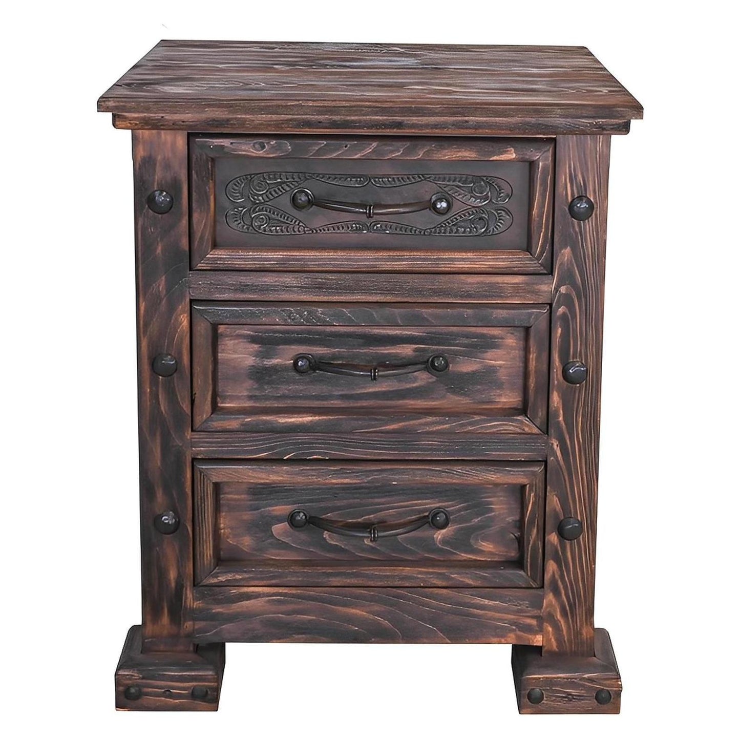 Prairie Canyon Rustic Hand-Carved Wooden Bed with Leather Panels - Optional Add-Ons - Includes Full Service Delivery