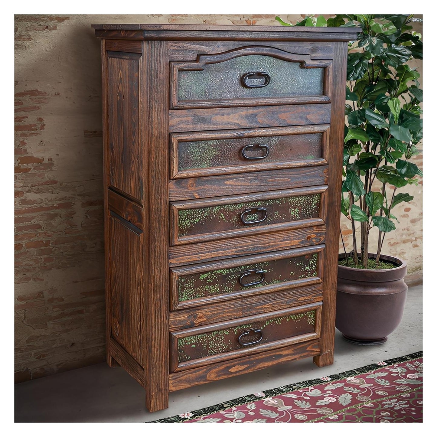 Durango Southwestern Rustic Bedroom Set with Walnut Hand-Carved Wood & Copper Panels - Includes Full Service Delivery