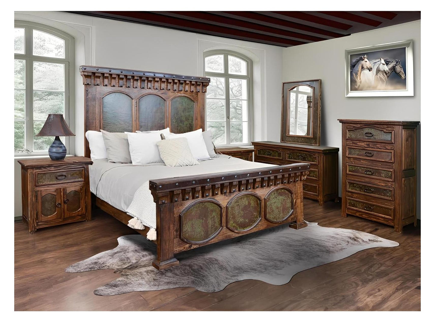 Durango II Western Rustic Solid Wood Bed With Green Copper Inlays - Includes Full Service Delivery