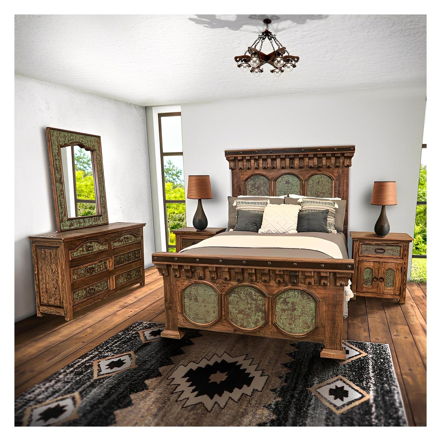 Durango II Western Rustic Solid Wood Bed With Green Copper Inlays - Includes Full Service Delivery
