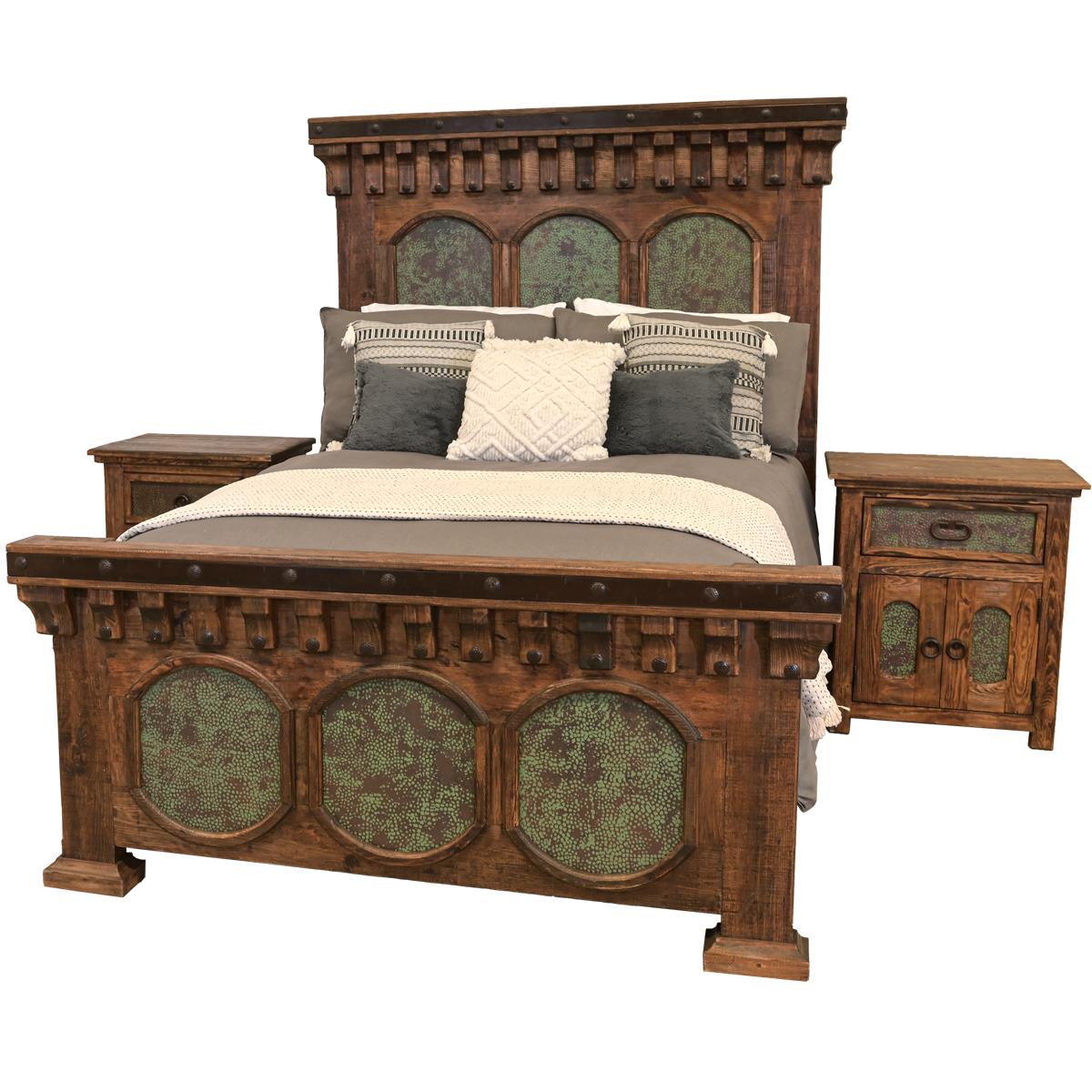 El Jefe Western Rustic Solid Wood Bed With Green Copper Inlays - Includes Full Service Delivery