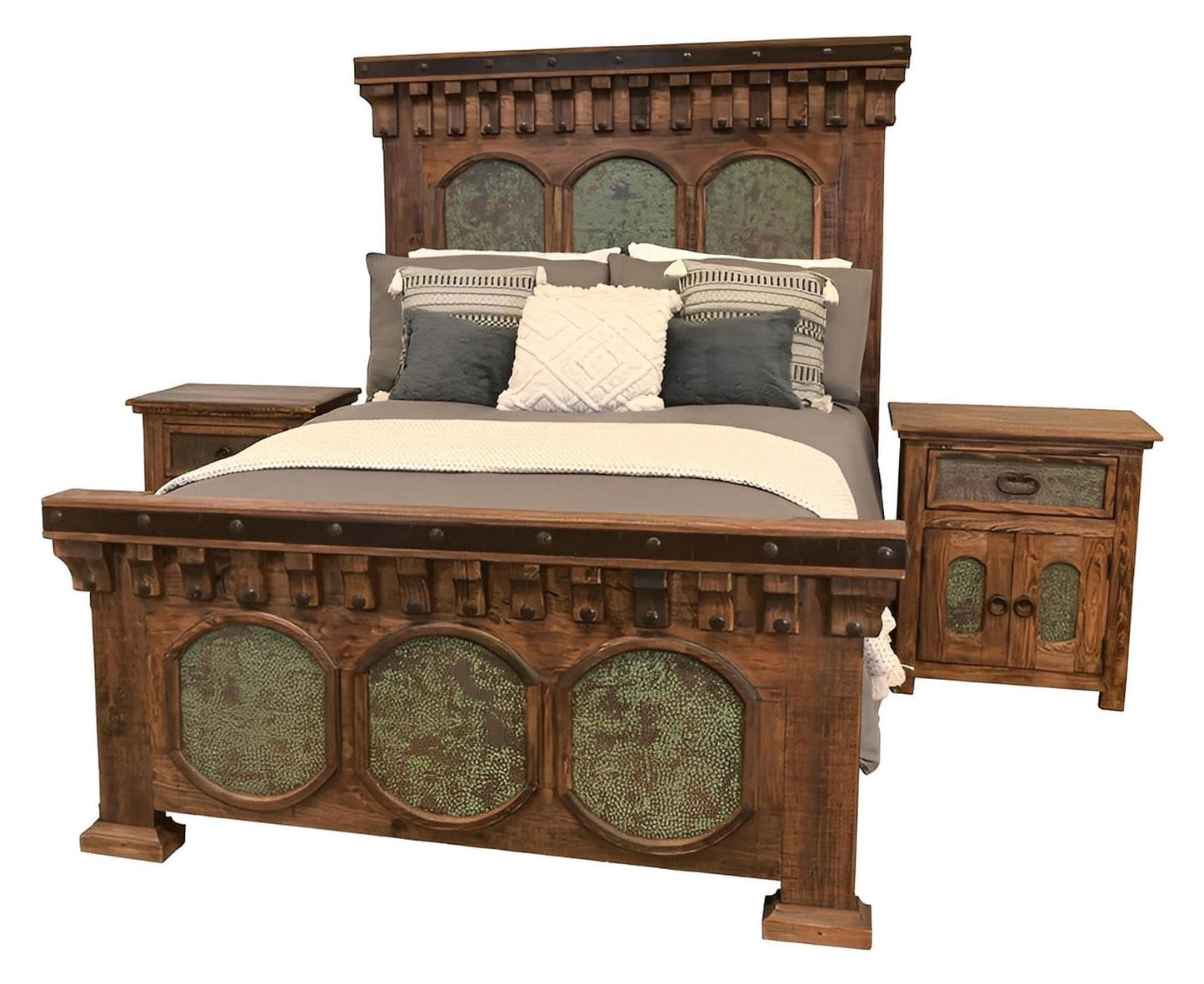Durango II Western Rustic Solid Wood Bed With Green Copper Inlays - Includes Full Service Delivery