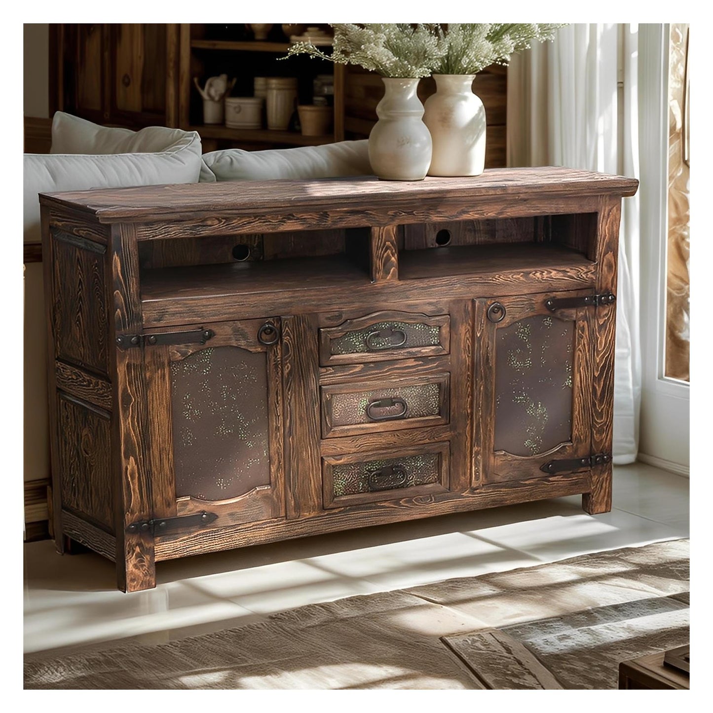 Durango Dresser / TV Media Console - Southwest Rustic Copper, Hand-Carved Wood